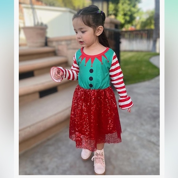 Festive Red and Green Elf Dress for Kids - Picture 1 of 8